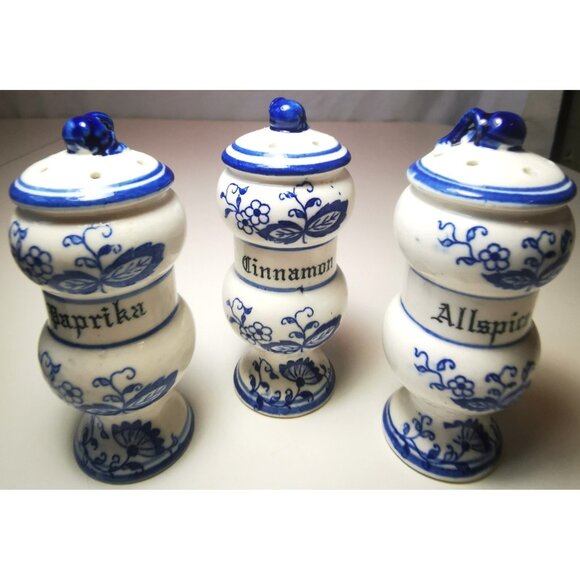 Trio of Spice Jars Blue & White Delft/Blue Onion Style French Country Vintage - Picture 5 of 7